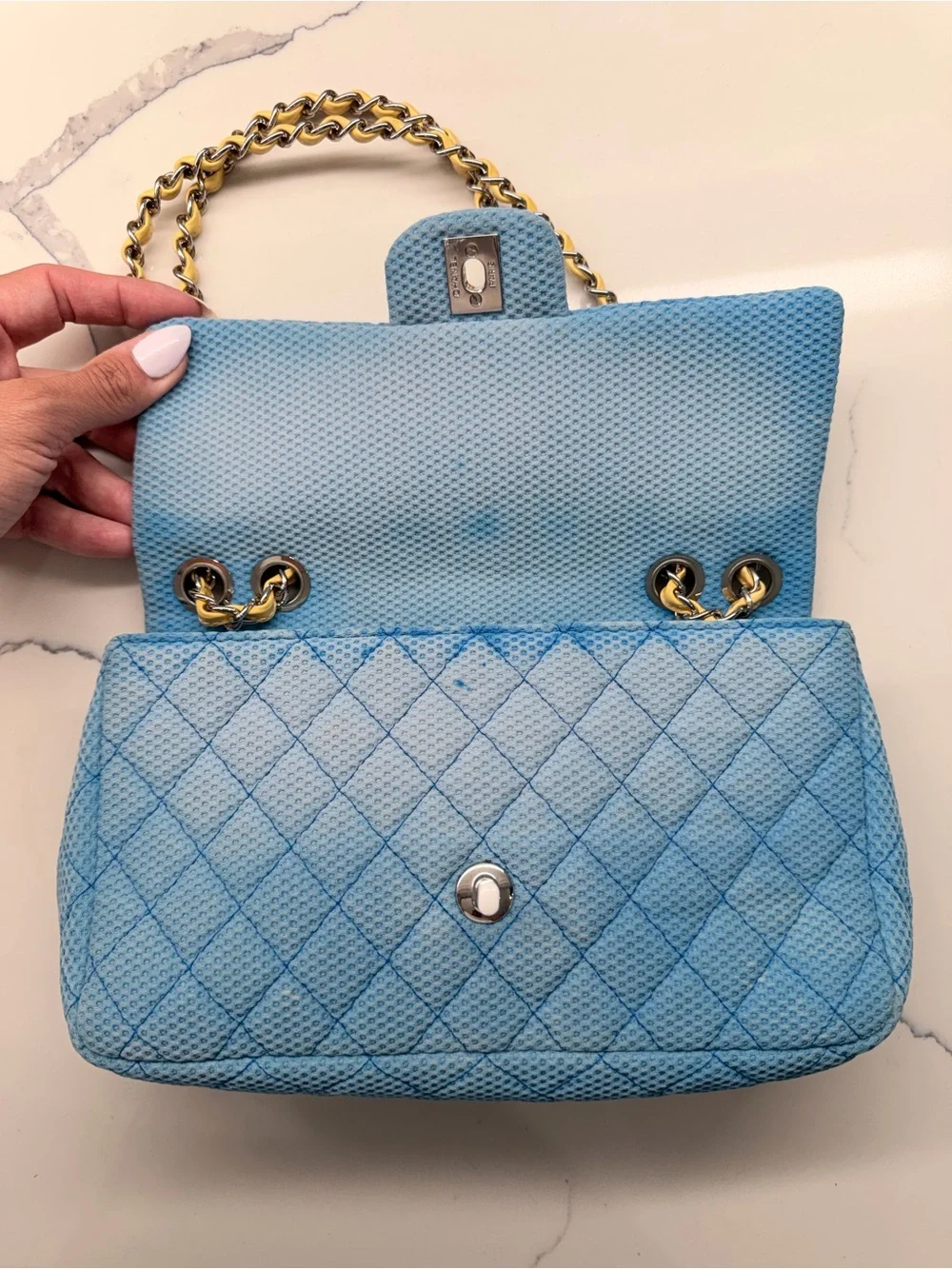 CHANEL Blue Quilted Perforated Jersey Shoulder Bag with  Chain